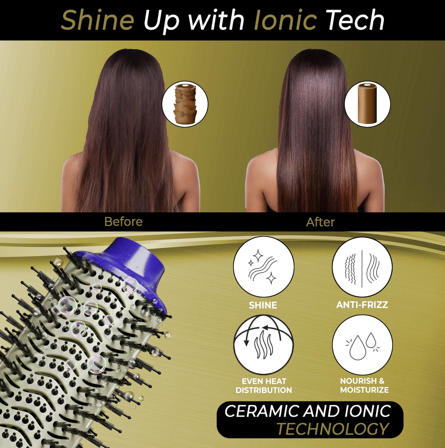 3” Large Barrel Ionic Hot Air Brush Hair Dryer – 75 mm One‑Step Volumizer Blowout Brush for Thick & Long Hair, 1100 W Plastic‑Tourmaline, Frizz Control, 3 Heat / 2 Speed, 13” Length