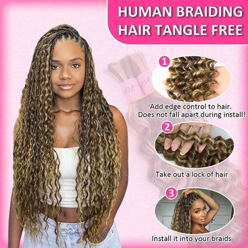 MSCATHY 4/27# Human Braiding Hair for Boho Braids 100g Color 4/27# Bulk Deep Wave Human Hair for Braiding Ombre Blonde Brown Highlight 100% Brazilian Human Hair 18inch for Boho Braids 12A