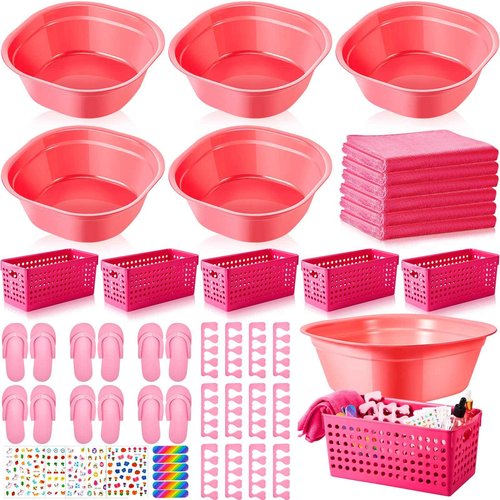 Mumufy 6 Sets Kids Foot Spa Kit for Girl Spa Party with Pink Washbasin Salon Towels Nail Kit for DIY Manicure and Pedicure Set with Foot Care for Sleepovers Slumber Party(Rose Pink)