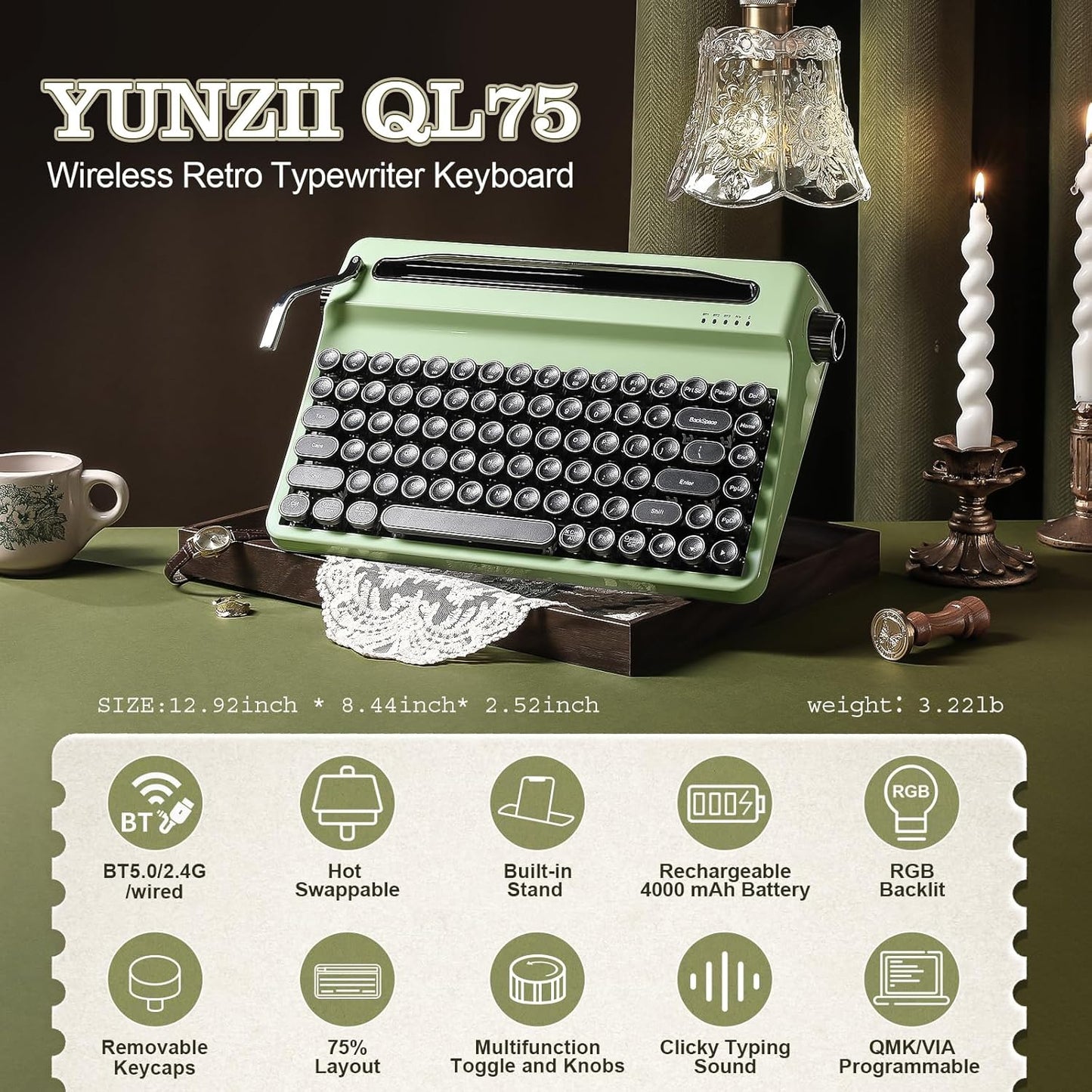 YUNZII QL75 Wireless Typewriter Hot Swap Retro Mechanical Keyboard,Punk Round Keycaps,RGB Backlit QMK/VIA Programmable, Multi-Device Keyboard with 2.4GHz/Type-C/BT5.0 (White, Cocoa Cream V2 Switch)