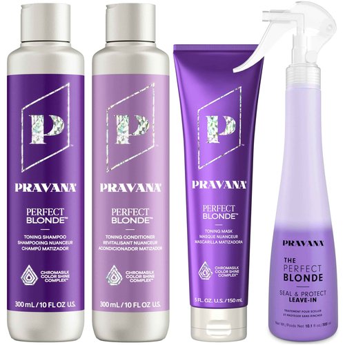 PRAVANA The Perfect Blonde Purple Toning Shampoo & Conditioner & Masque & Leave-In | Neutralizes Brassy, Yellow Tones | For Color Treated Hair | Chromasilk Enhances Shine & Protection | 10 Fl Oz