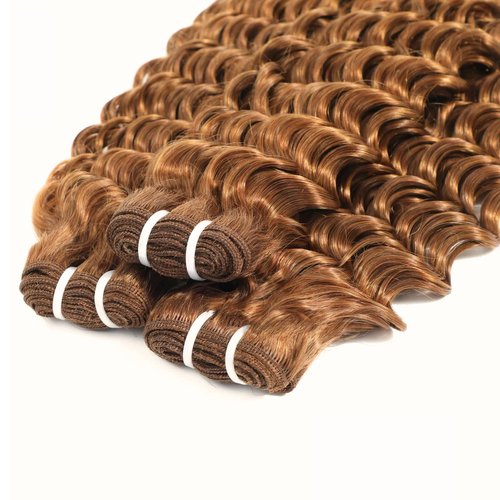 MOMOSHERO Deep Wave Human Hair Bundles Color 30 Light Auburn Curly 3 Bundle 12 14 16 Inch, 100% Unprocessed 10A Virgin Remy Bouncy Wholesale Hair Brown Curly Sew In Hair Bundles