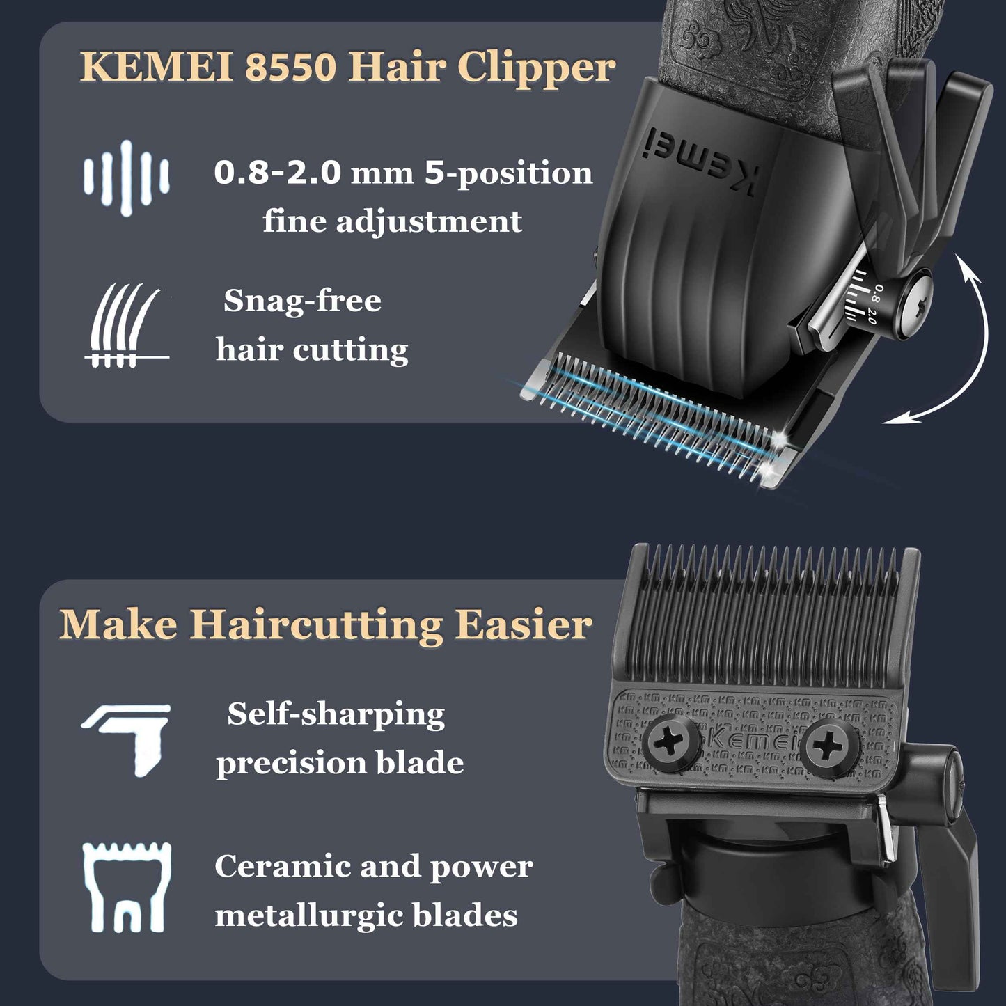 KEMEI 8550 Professional Hair Clippers for Men, Cordless Barber Clippers with LED Display, 9000 RPM Hair Trimmer with Ceramic & Powder Metallurgic Blades, 2500 mAh Hair Clipper for Barbers Haircut Kit