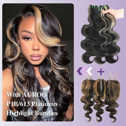 AUROO 13x6 Ombre Human Hair Frontal Only (150% Density, 18 IN), 12A Virgin Highlight Ear to Ear Lace HD Transparent Body Wave #27 Honey Blonde Skunk Stripe Frontal Pre Plucked Larger Free Deep Parting