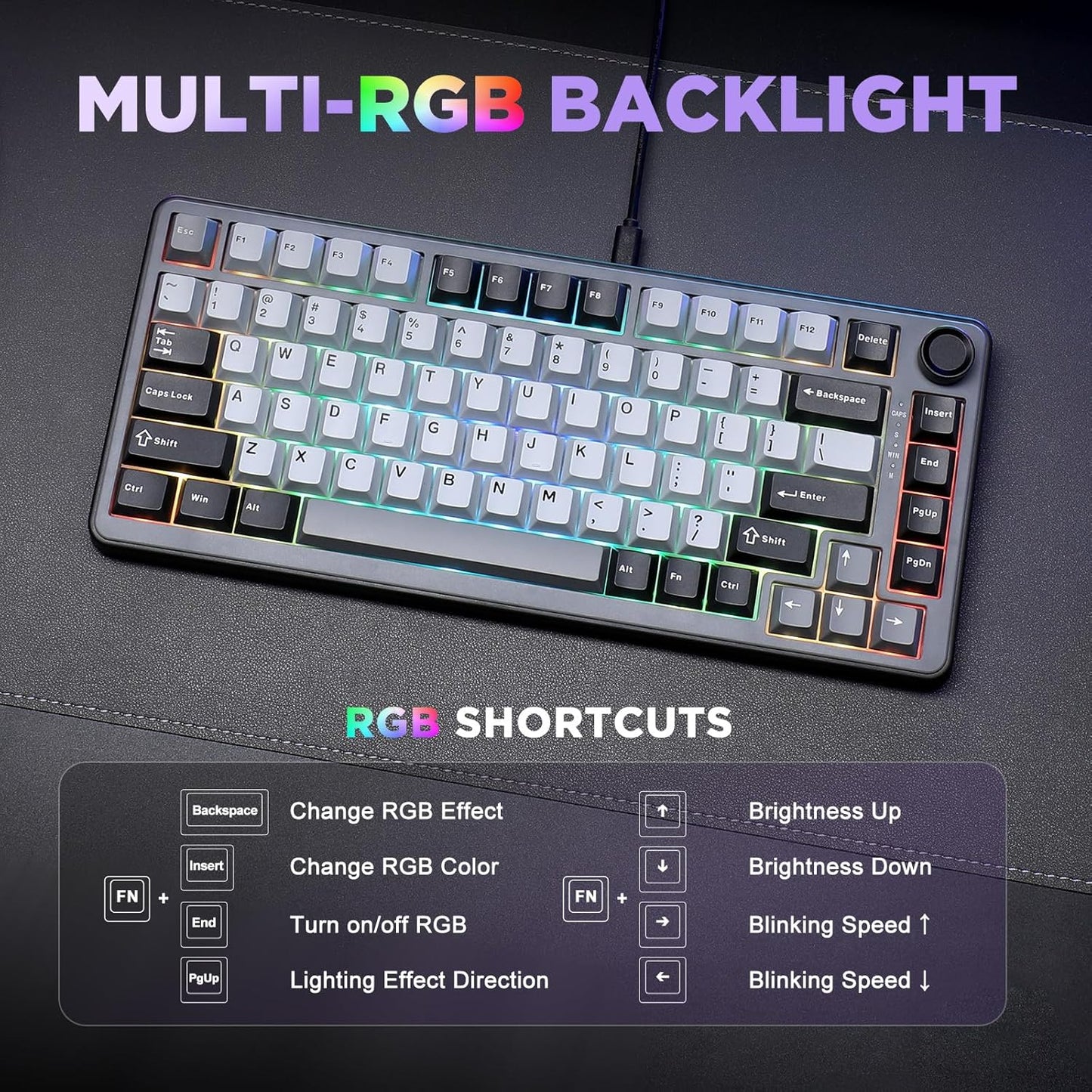 YUNZII B75 Mechanical Keyboard,75% Layout with Knob,Hot Swappable RGB Backlit Gasket Mounted, Creamy Typing, Double-Shot PBT Keycaps,Cherry Profile,for Win/Mac (White, Blue Grey Tactile Switch)