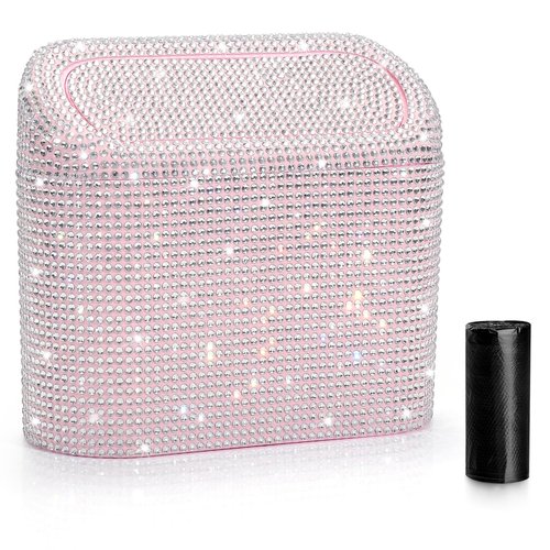 Accmor Bling Car Trash Can with Lid, Leakproof Mini Vehicle Trash Bin Automotive Dustbin Organizer Storage, Sparkling Crystal Rhinestone Trash Bag Container with 30pcs Garbage Bags Car Accessories