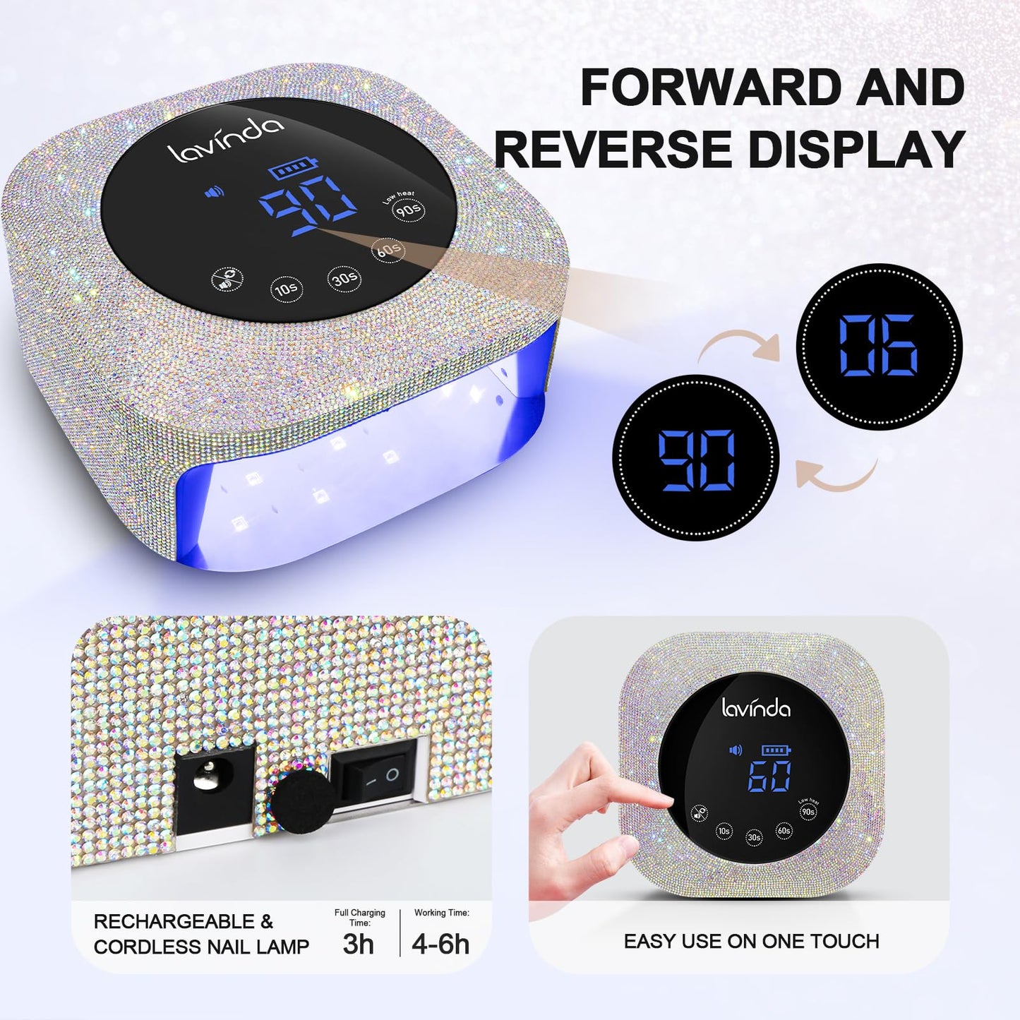 Lavinda UV LED Nail Lamp, 54W Rechargeable Cordless Nail Lamp Nail Dryer Gel Polish UV Nail Light with 4 Timer Setting, Professional Quick Dry Curing Lamp with Display Auto Sensor for Salon & Home