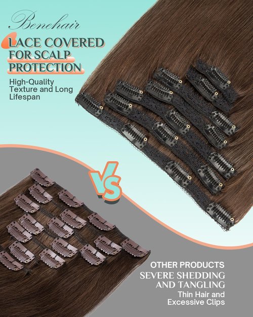 Benehair Clip in Hair Extensions Real Human Hair 22inch Double Weft Dark Brown Hair Extensions Clip in Human Hair Invisible Lace Weft Straight Hair Extensions Clip ins 7pcs with 16 Clips 130g #2