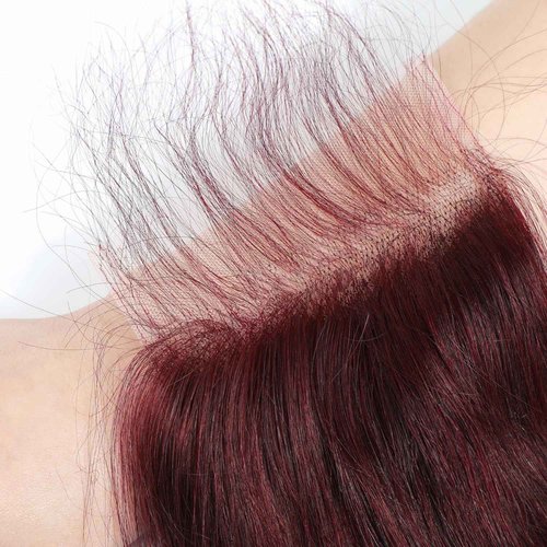 ALHER #99j Burgundy Body Wave 4x4 Closure Free Part Human Hair 18 Inch, 12A Dark Burgundy Wine Red Colored Wavy HD Lace Closure, 100% Unprocessed Virgin Remy Hair Pre Plucked With Baby Hair Closure