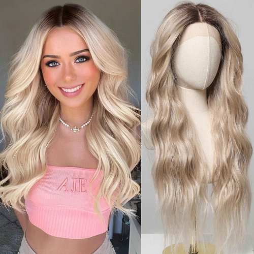 testar 13×6 HD Lace Front Wig Long Blonde Wavy Wigs for Women 26 Inch Middle Part Blonde Wigs with Dark Roots Synthetic Lace Front Wigs Middle Part Daily/Halloween Use