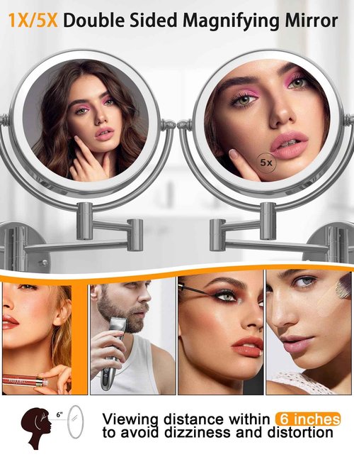 Wall Mounted Lighted Makeup Mirror with Magnification 5X, Rechargeable Magnifying Shaving Cosmetic Mirror with Extendable Swing Arm for Bathroom, Touch Stepless Dimming, Chrome