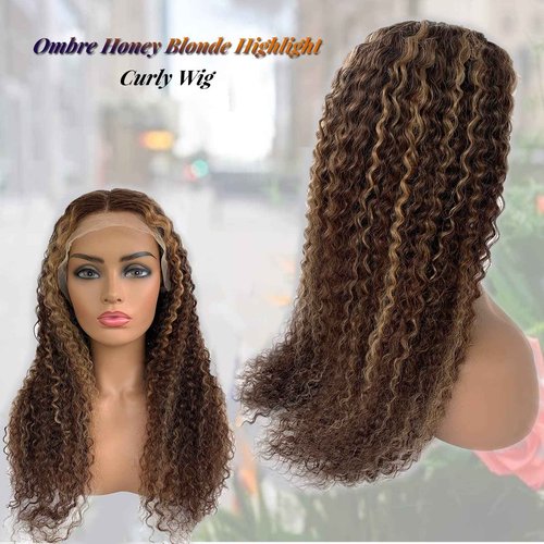 Licoville Ombre Lace Front Wigs Human Hair 22 Inch Curly Highlight Lace Frontal Wig Mixed with Brown Roots Wear and Go 4/27 Honey Blonde Water Wave Human Hair Wig 150% Density