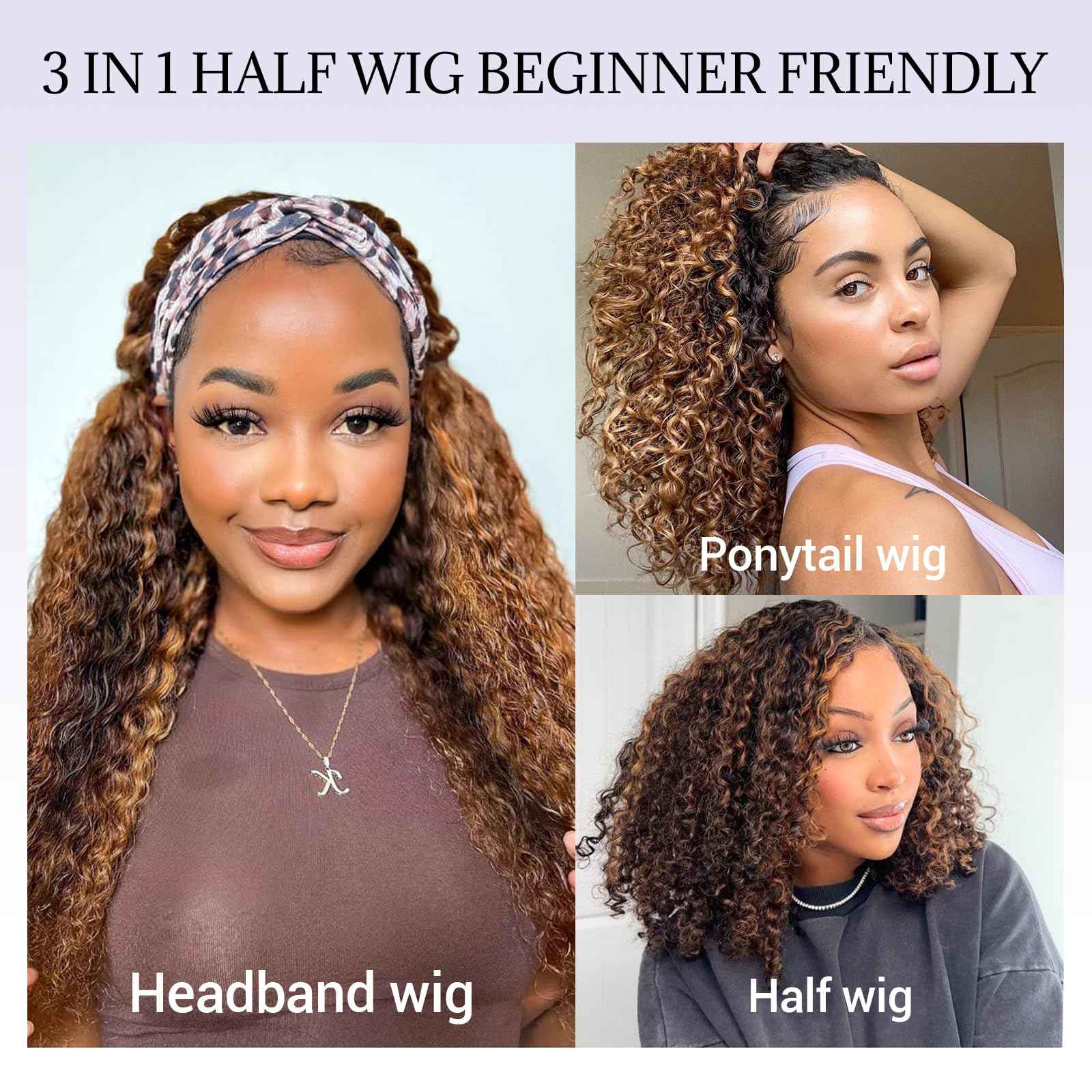 26Inch Ombre Highlight Headband Wig Human Hair Deep Wave 4/27 Honey Blonde Human Hair Headband wigs for Black women Glueless None Lace Front Wig Machine Made 180% Density Curly Half Wig Human Hai