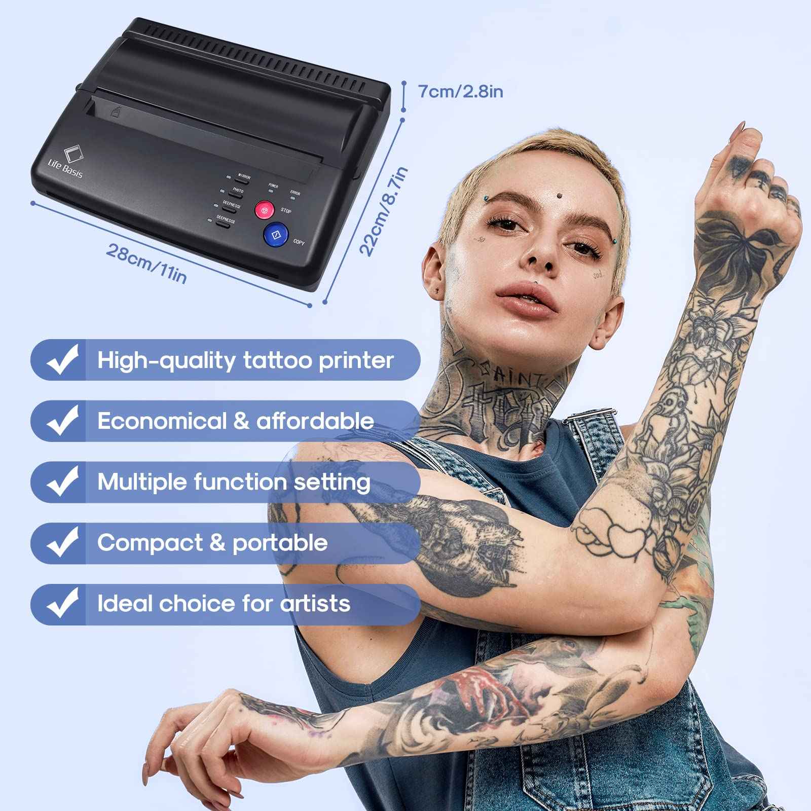 LifeBasis Tattoo Transfer Stencil Printer Tattoo Thermal Copier with 30PCS Stencil Transfer Paper Thermal Tattooing Printer Machine for Tattoo Artists & Beginners, Black