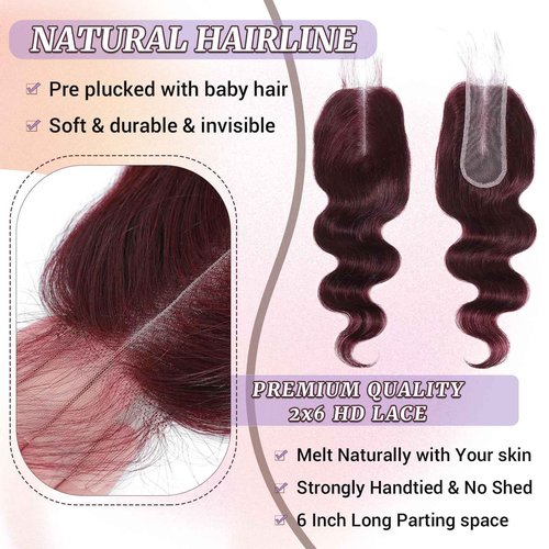 DSEKCAIN 2x6 HD Lace Closure Human Hair Body Wave 99J Burgundy Dark Red Wine Color Transparent Lace Closure 2x6 Long Deep Middle Part 100% Raw Virgin Human Hair 16 Inch 150% Density