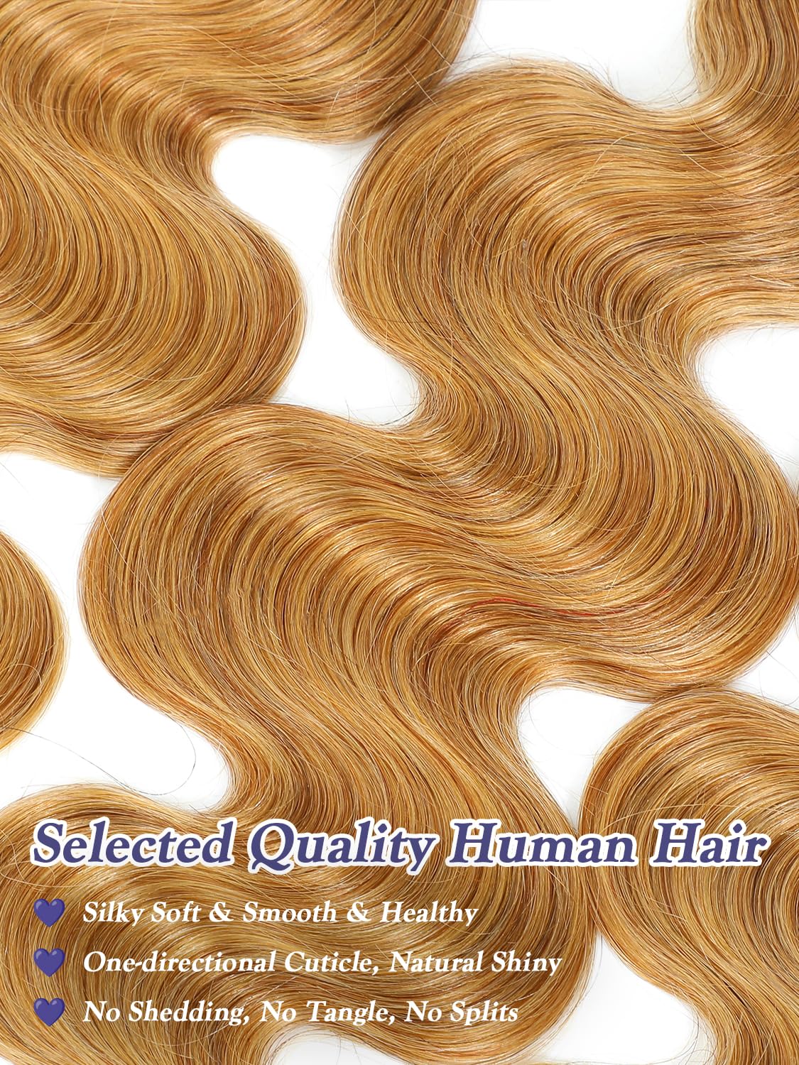 Honey Blonde Bundles Human Hair 10 12 14 Inch, Color 27 Golden Ash Blonde Body Wave Bundles Sew In Weave Tracks, Loose Wavy 100% Unprocessed Brazilian Raw Virgin Hair, Double Weft 3 Bundles Color #27