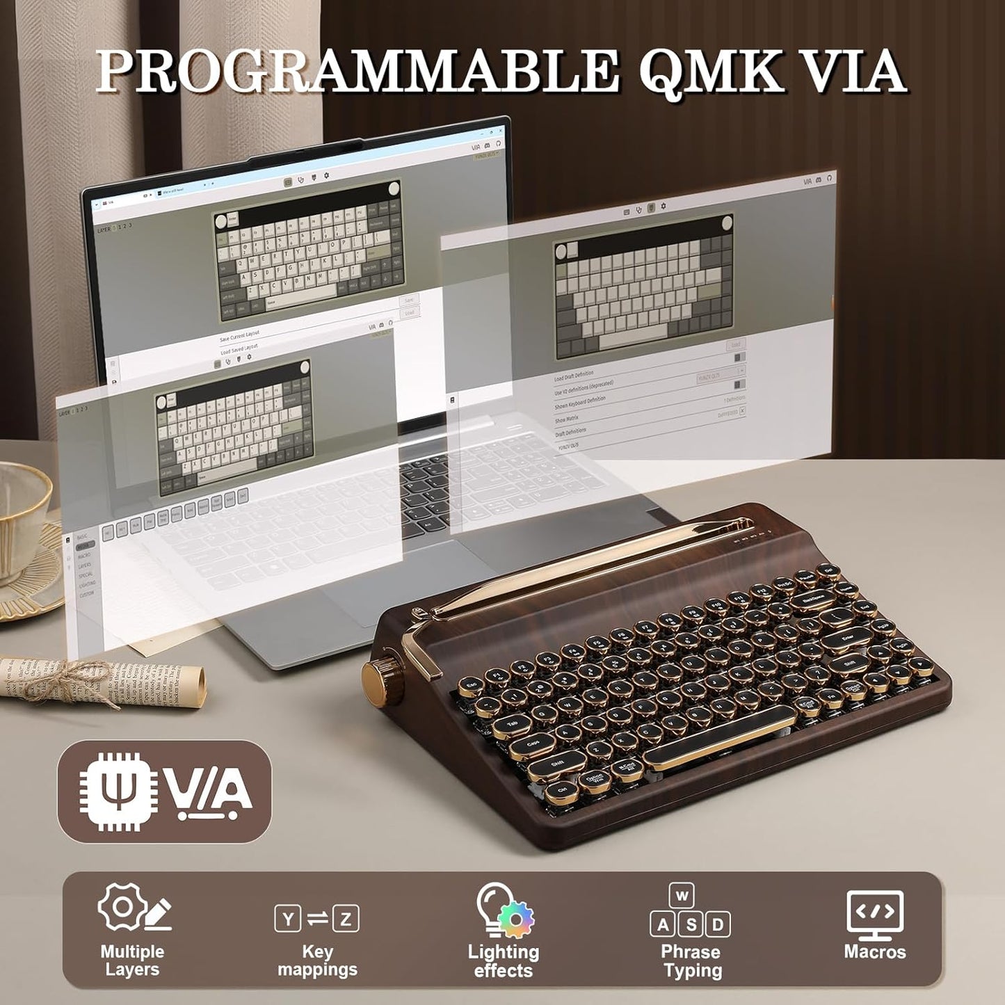 YUNZII QL75 Wireless Typewriter Hot Swap Retro Mechanical Keyboard,Punk Round Keycaps,RGB Backlit QMK/VIA Programmable, Multi-Device Keyboard with 2.4GHz/Type-C/BT5.0 (Green, Cocoa Cream V2 Switch)