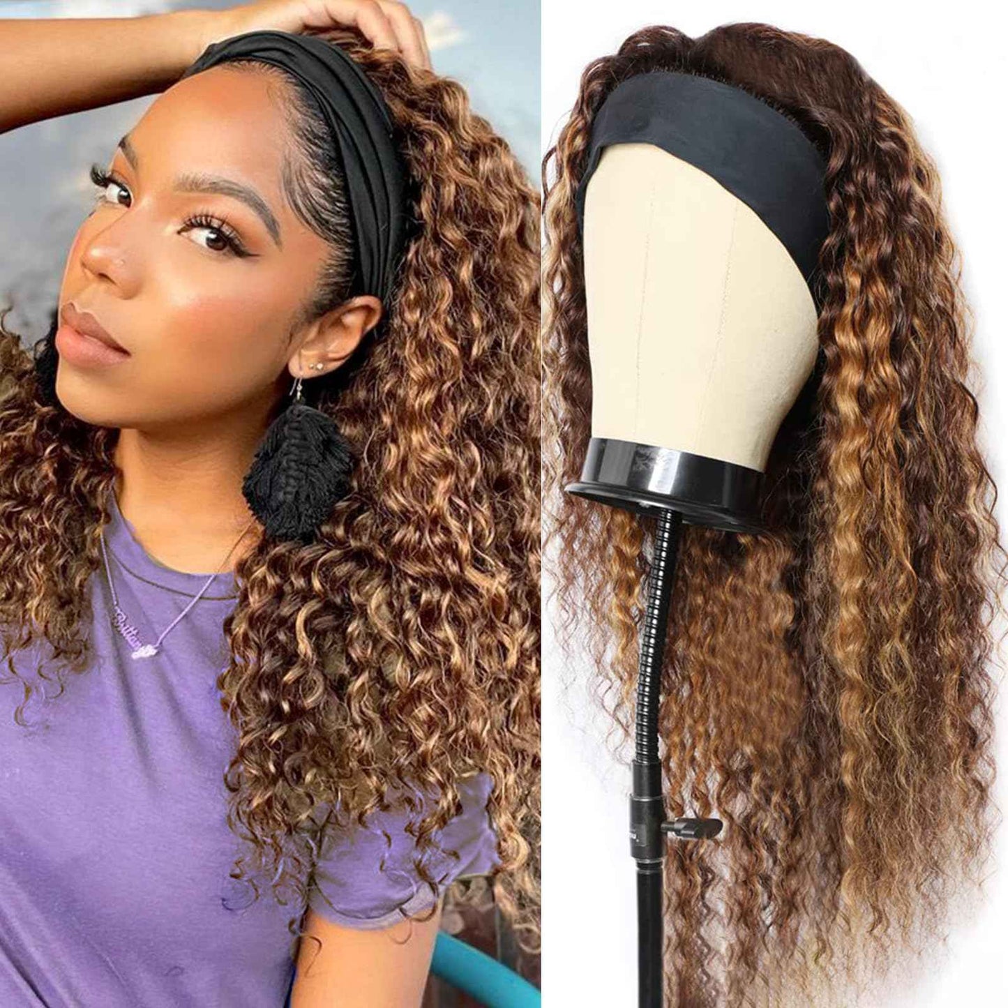 26Inch Ombre Highlight Headband Wig Human Hair Deep Wave 4/27 Honey Blonde Human Hair Headband wigs for Black women Glueless None Lace Front Wig Machine Made 180% Density Curly Half Wig Human Hai