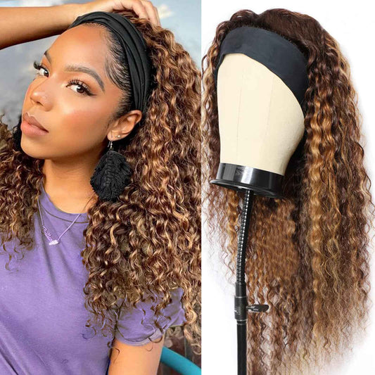 26Inch Ombre Highlight Headband Wig Human Hair Deep Wave 4/27 Honey Blonde Human Hair Headband wigs for Black women Glueless None Lace Front Wig Machine Made 180% Density Curly Half Wig Human Hai