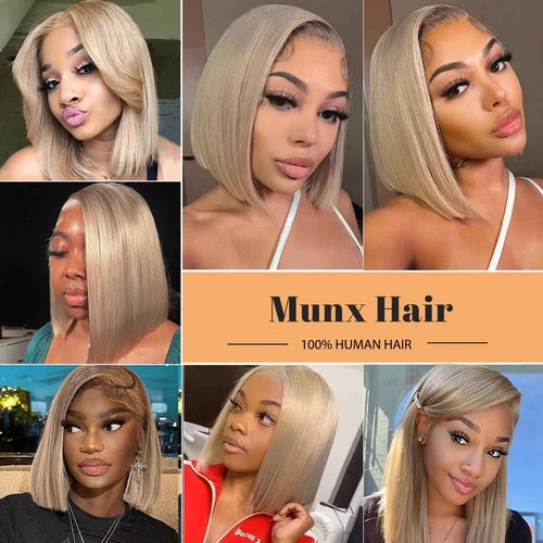 Munx Ash Blonde Lace Front Wig Human Hair Straight 13 * 6 Bob Wigs HD Lace Frontal Human Hair Honey Brown Colored Blunt Cut Bob Wig for Black Women Real 180% Density Glueless Bob Human Hair Wig 16"