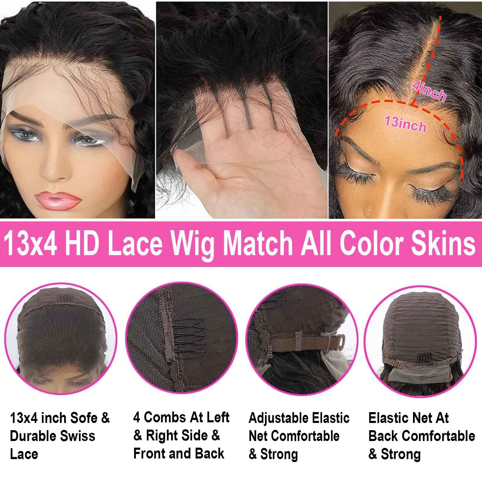 28 Inch Deep Wave Human Hair Lace Front Wig for Women 13x4 HD Transparent Lace Frontal, 180% Density Glueless, Pre - Plucked with Baby Hair in Natural Color