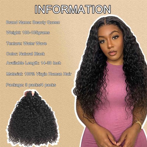 Beauty Queen 16A Raw Hair Water Wave Bundles 14 16 18 Inch 3 Bundles 100% Unprocessed Brazilian Virgin Hair Bundles Quick Weaves Water Curly Hair Extensions Natural Black