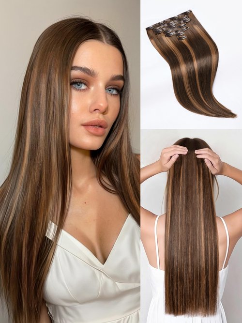 LUVME Straight Seamless 14inch 110g 7Pcs Clip in Hair Extensions Full Max Remy Human Hair Extensions, Highlight Color 100% Real Soft