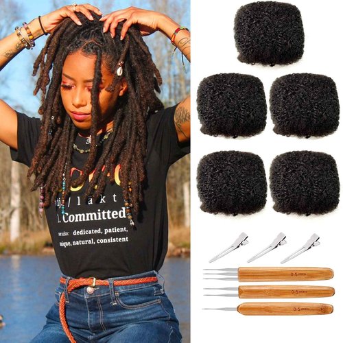 JIFFYLOCS Tight Afro Kinky Bulk Human Hair for Dreadlock Extensions 100% Human Hair,5 Packs 10 Inch 150g,Natural Black #1B,Repair Extensions,Making Locs or Braids, with Needles and Hairpin
