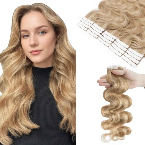 SEGOHAIR Wavy Tape In Hair Extensions Real Human Hair with Double-Sided Adhesive Professional Hair Extensions for Women 40pcs Body Wave 18 Inches Dark Blond Mixed Bleach Blond