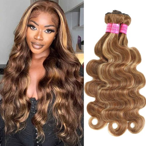Vallbest Ombre Human Hair Bundles 14 16 18 Inch Highlight Bundles Human Hair 4/27 Blonde Body Wave Brown 12A 100% Unprocessed Brazilian Virgin Remy Weave Raw Human Hair Extensions