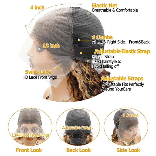 ZAMSTA Honey Blonde Curly Wig Human Hair 13x4 HD Highlight Ombre 4/27 Deep Wave Lace Front Wigs Human Hair Pre Plucked 180% Density Glueless Colored Wigs for Women Wet and Wavy Lace Front Wigs 26 Inch