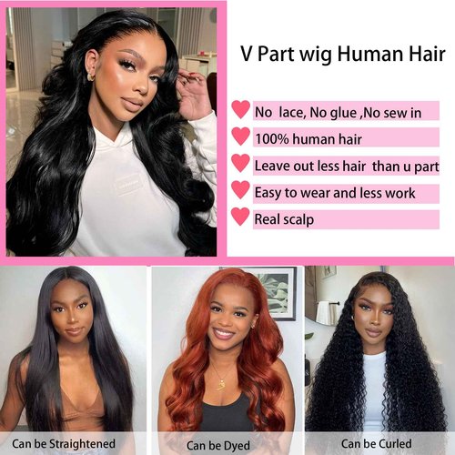 V Part Wig Human Hair Body Wave Upgrade With Clips Brazilian Virgin Human Hair V Part Wigs For Black Women Glueless Beginner Friendly 20Inch