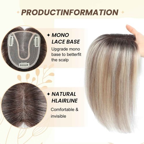 Hair Toppers for Women Real Human Hair 12 Inch Upgrade Mono Base 4.6x4 Inch Human Toppers for Women with Thinning No Bangs for Add Volume（Ombre Light Brown with Blond Highlight）