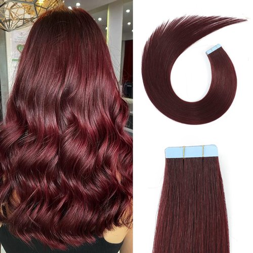 Tape in Hair Extensions Human Hair Burgundy Hair Extensions 22 Inch Glue in Brazilian Hair Double Sided Tape in Extension 20pcs Adhesive Tape ins Thick End 50g(22",#99J,50g)