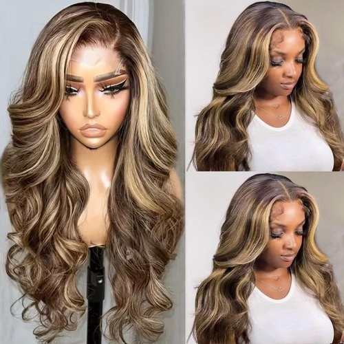 Munx Honey Blonde Highlight Wig Human Hair Ombre Body Wave Lace Front Wig 180 Density Full Ends 13X4 HD Lace Frontal Wigs Human Hair Pre Plucked 4/27 Colored Lace Wigs 28in
