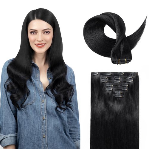 SoBeauty Clip in Hair Extensions Real Human Hair, Jet Black 100% Human Hair Extensions Clip in, Tangle-free Silky Straight Hair Extensions for Women, #1 18Inch 120G 7PCS