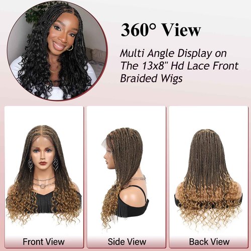 Kalyss 13x8 Hd Lace Front Knotless Braided Wigs for Black Women Box Braid Wig with Curly Ends with Baby Hair Premium Synthetic Braided Lace Front Wigs 24" Light Brown