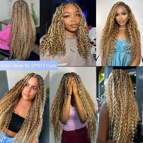 P27/613 Blonde Human Braiding Hair Deep Water Wave Bulk 26 Inch Long Curly Bundles Human Hair Color 27 and 613 Blonde Boho Human Hair for Braiding Highlights Blonde Boho Braids Bundles No Weft
