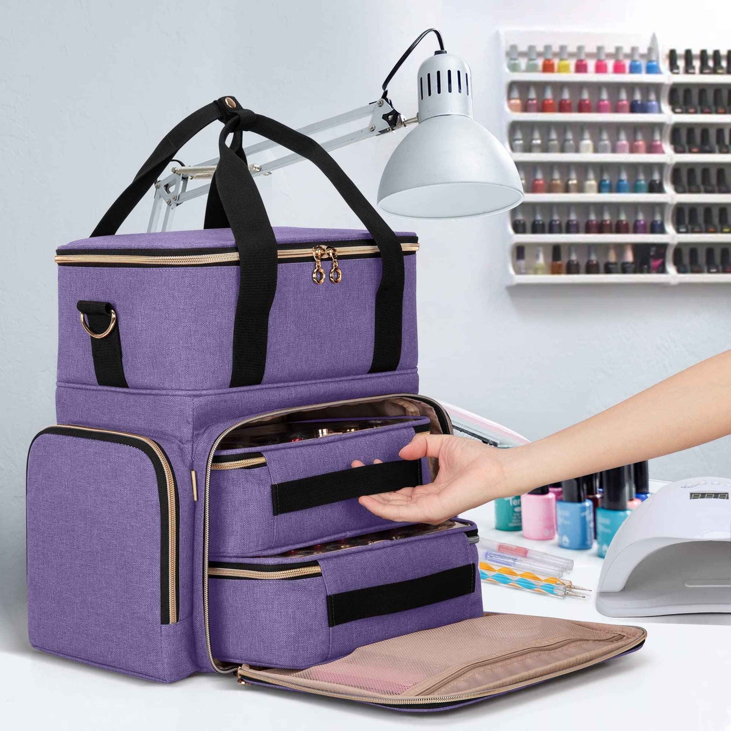 LUXJA Nail Polish Organizer Holds 70 Bottles and a Nail Lamp, Nail Polish Case with 2 Removable Bags and Tools Storage Pockets (Patent Pending), Purple