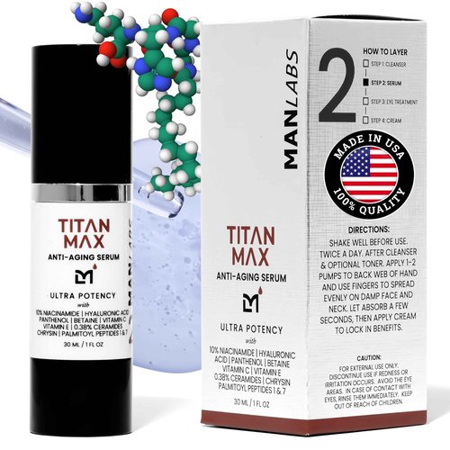 Man Labs Titan MAX Anti-Aging Face Serum for Men – Ultra Potency Mens Face Moisturizer – Men, Dark Spots, Wrinkles, Fine Lines – Vitamin C & E, 10% Niacinamide, Hyaluronic Acid – Unscented