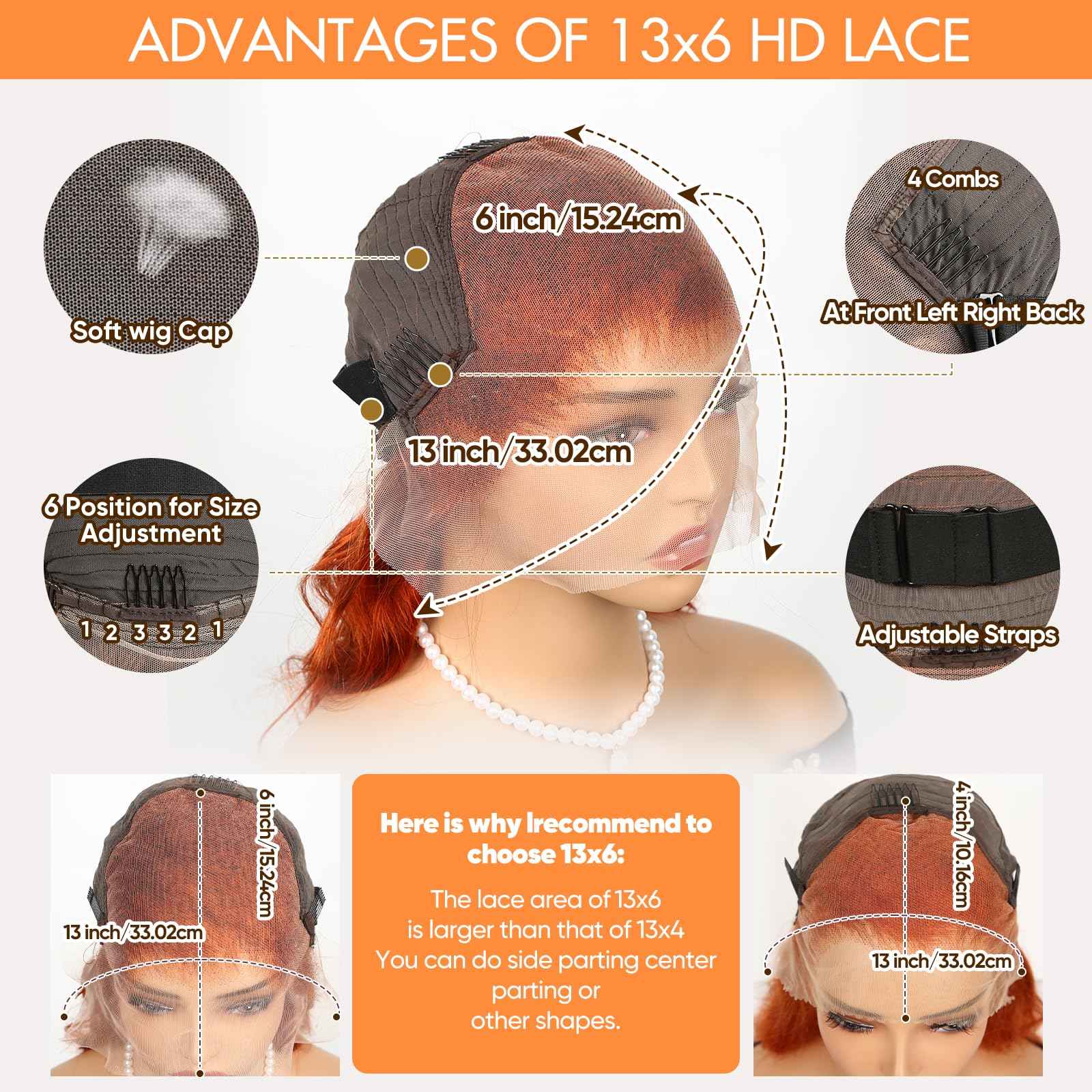 Ginger Lace Front Wigs - Human Hair, 13x6 HD Body Wave, Pre-Plucked with Baby Hair, 180 Density, Glueless, Ginger Orange, 20"