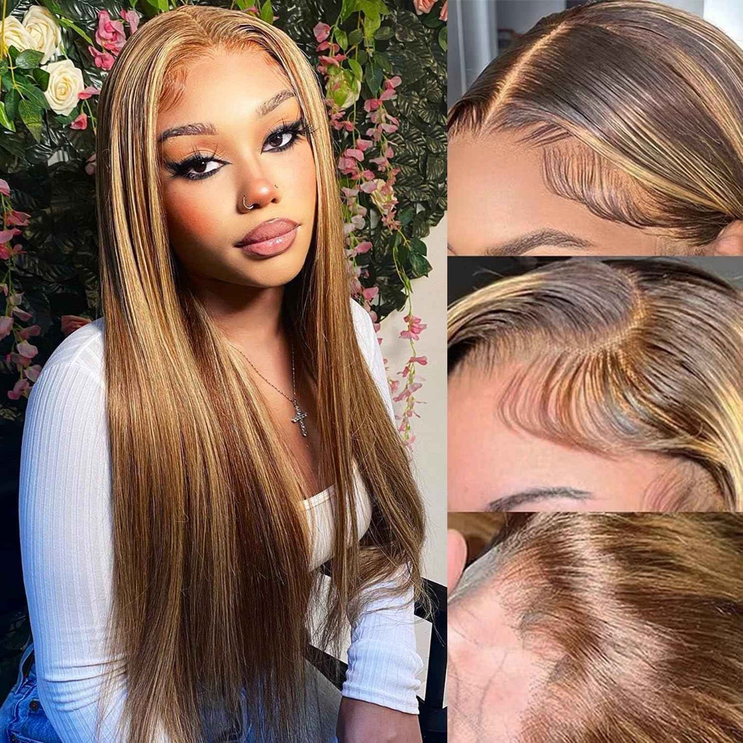 Honey Blonde Ombre Lace Front Wig Human Hair 4/27 Colored Body Wave 13x6 HD Lace Front Wigs Human Hair Pre Plucked with Baby Hair Frontal Wigs for Women 180% Density 22 Inch
