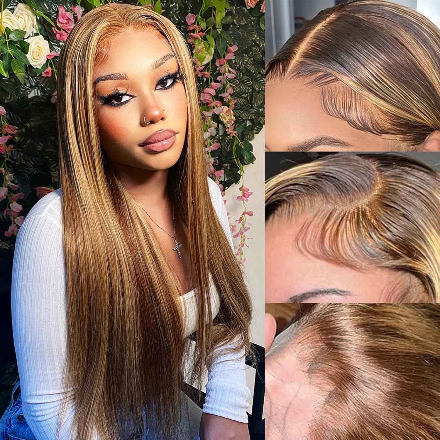 Honey Blonde Ombre Lace Front Wig Human Hair 4/27 Colored Body Wave 13x6 HD Lace Front Wigs Human Hair Pre Plucked with Baby Hair Frontal Wigs for Women 180% Density 22 Inch
