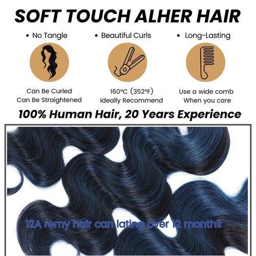 ALHER Black Mix Blue Bundle Human Hair Body Wave, 12A Soft Thick 3 Bundles Wavy Human Hair, 100% Remy Hair Midnight Blue Two Tone Subtle Colored Double Weft (#1B/Blue, 14 16 18 IN)