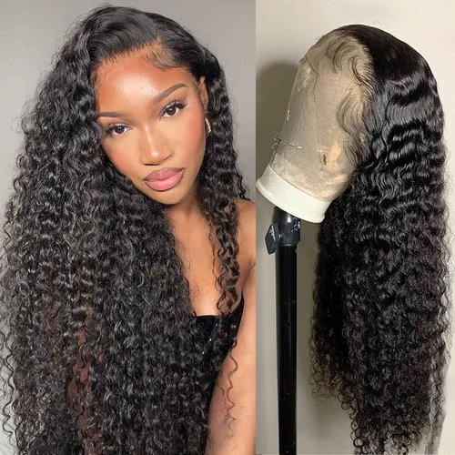 Dianthe 13x6 Deep Wave Lace Front Wigs Human Hair 20 Inch Deep Curly Human Hair Wig- Pre Plucked, 180% Density, Glueless, Natural color
