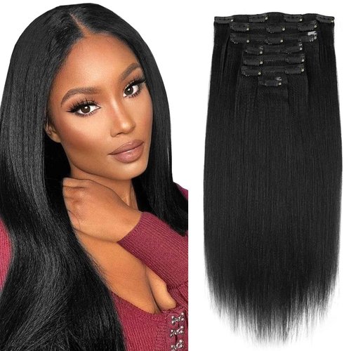 Sassina 22 Inch Yaki Clip in Hair Extensions Human Hair Double Wefts Remy Straight Clip in Hair for Black Women 7 Pieces 17 Clips 120 Grams Jet Black #1