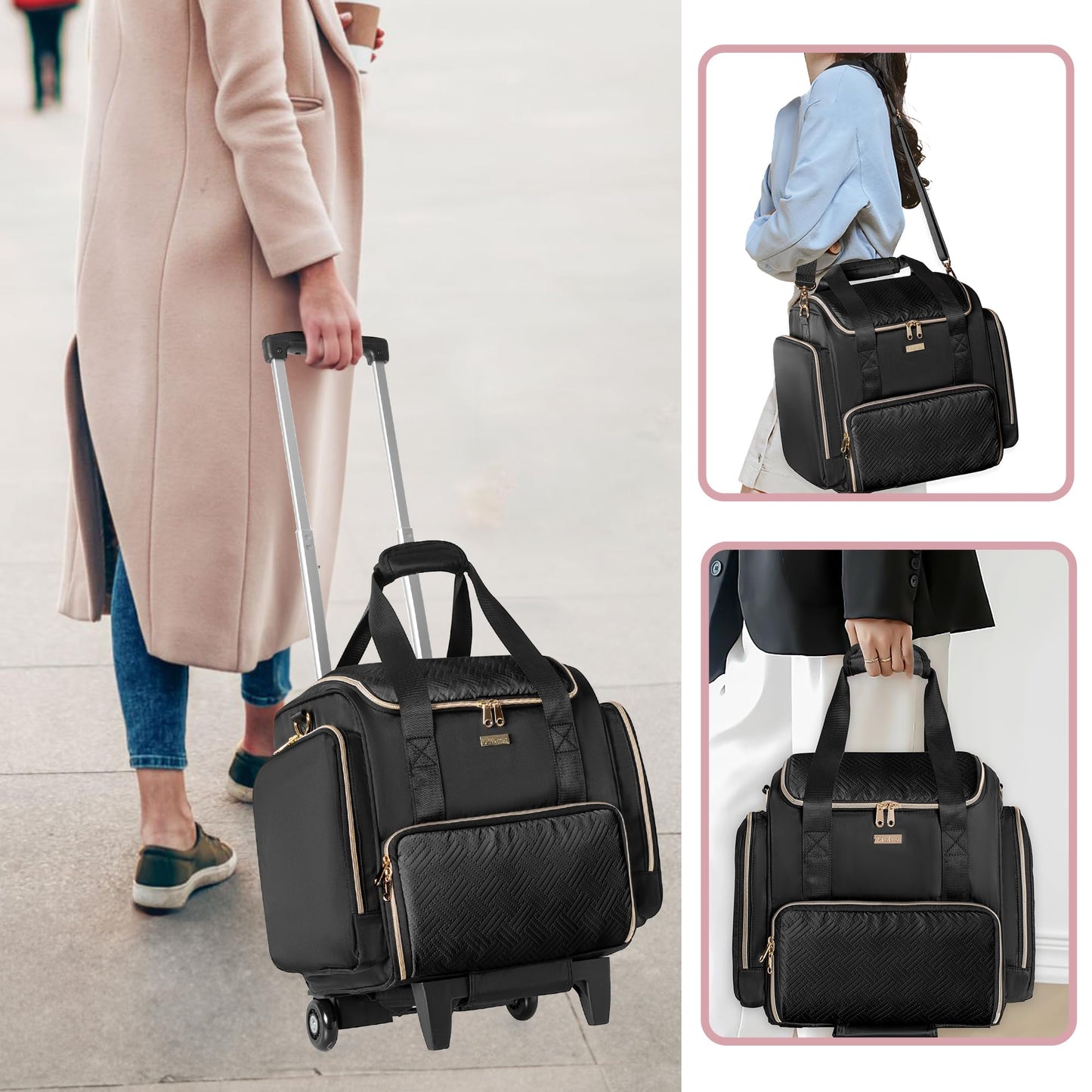 Prokva Rolling Makeup Case with 4 Removable Bags, Professional Makeup Train Case with Wheels, Makeup Artist Travel Bag with Brushes Storage Section, Black (Patent Design)