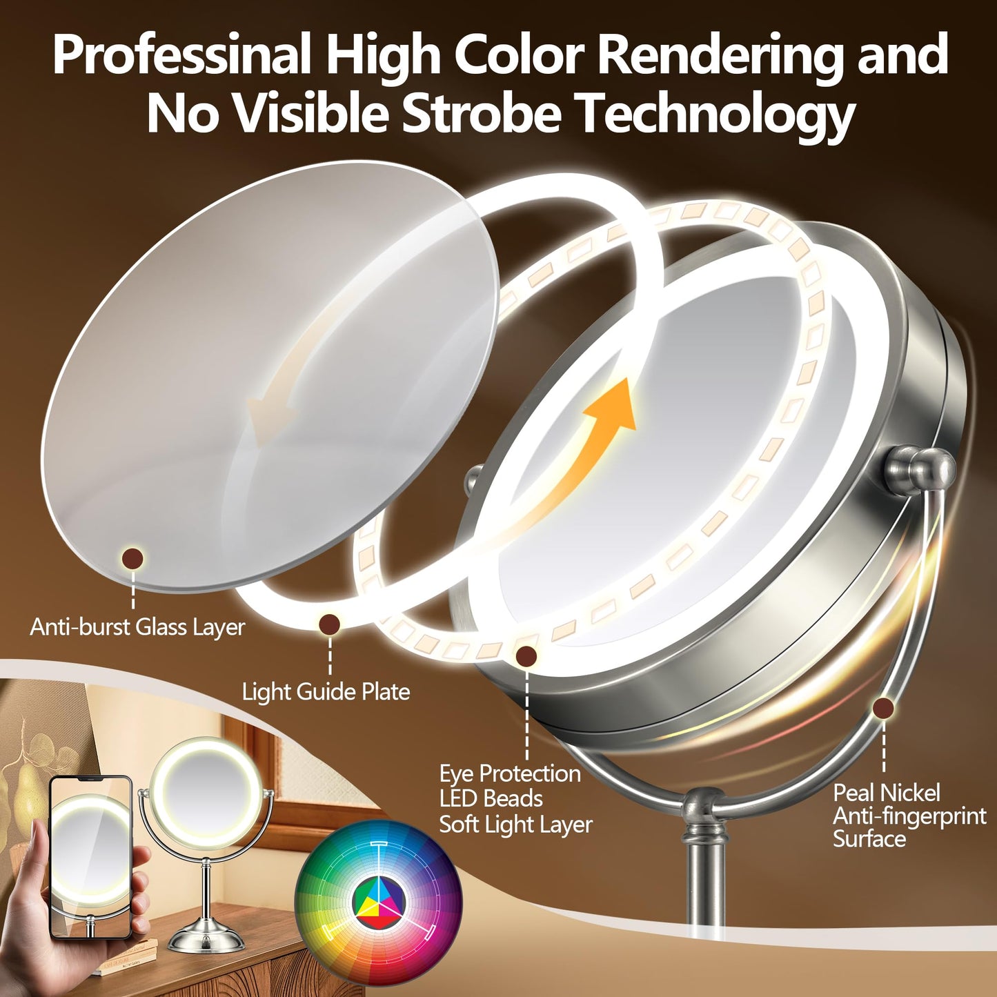 20x Large Lighted Makeup Mirror, Rechargeable 9" Magnifying Makeup Mirror, 30-Minute Timer,3 Color Modes, Adjustable Brightness, No Assembly Required, 360° Rotation Cosmetic Mirror, Pearl Nickel