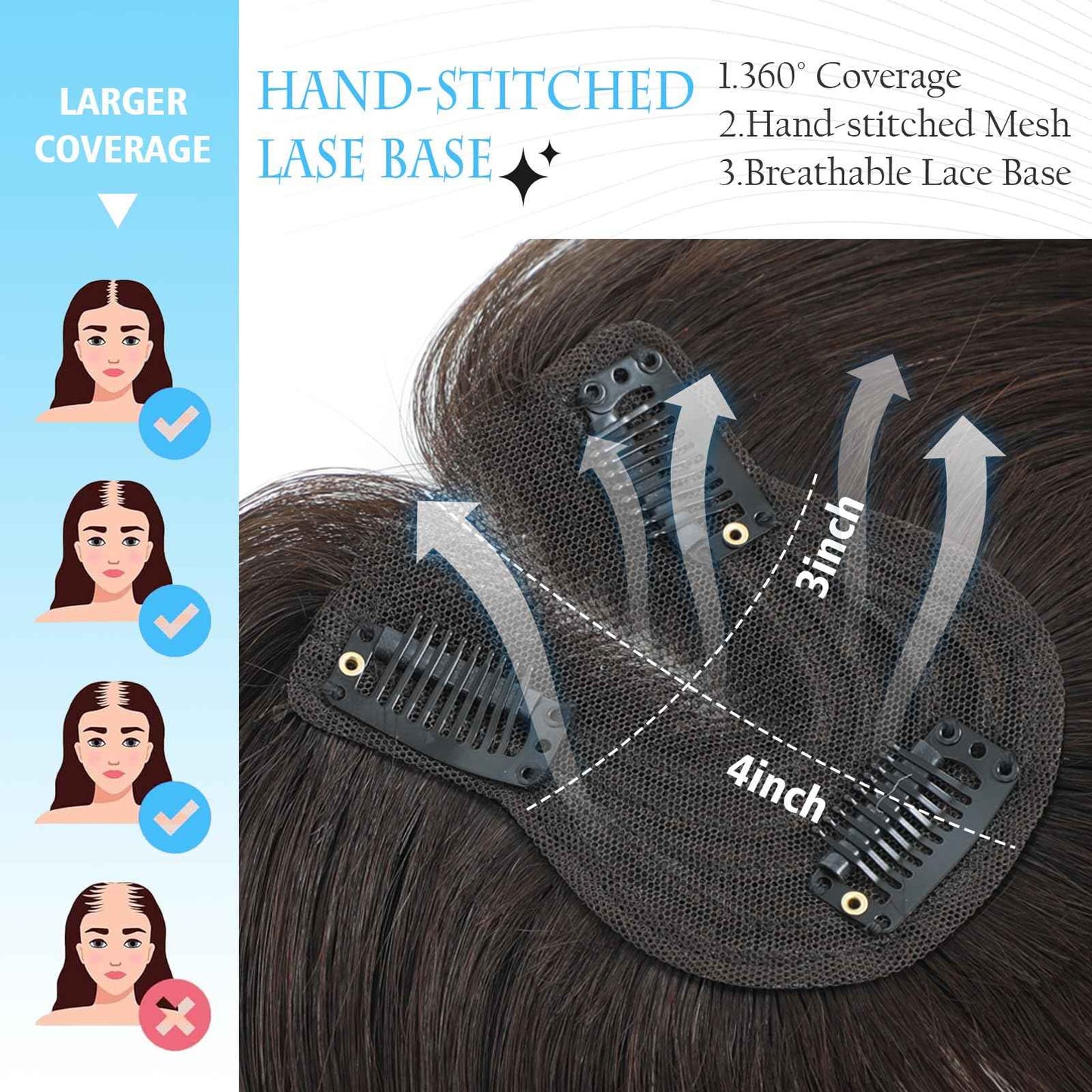 Human Hair Toppers for Women Real Human Hair pieces for Women with Thinning Hair pieces 7 * 10cm Hand-Tied Swiss Base Topper No Bangs 30g Hairpieces 10Inch (Dark Brown)