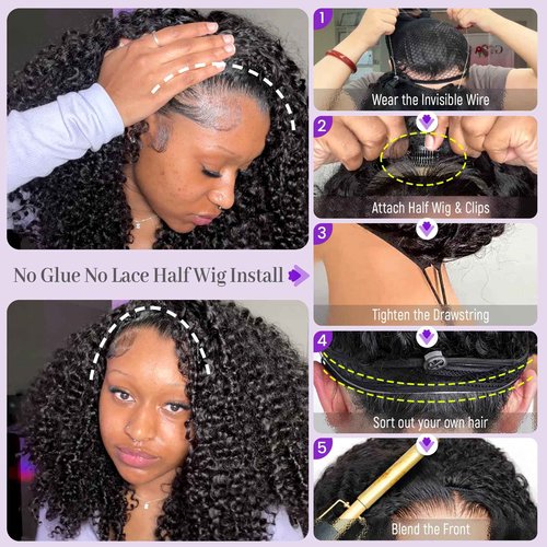 ShineKiss Half Wig Human Hair Glueless Wig Upgrade 4 IN 1 Kinky Curly Half Wig with Invisible Wire Snap Clips Drawstring Flip Over Easy Wear Headband Wig Beginner Friendly 200 Density 16 Inch
